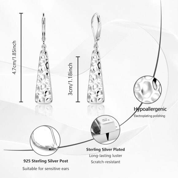 925 Sterling Silver French  Hammer Square Bar Long Drop Leverback Earring - Picture 2 of 7